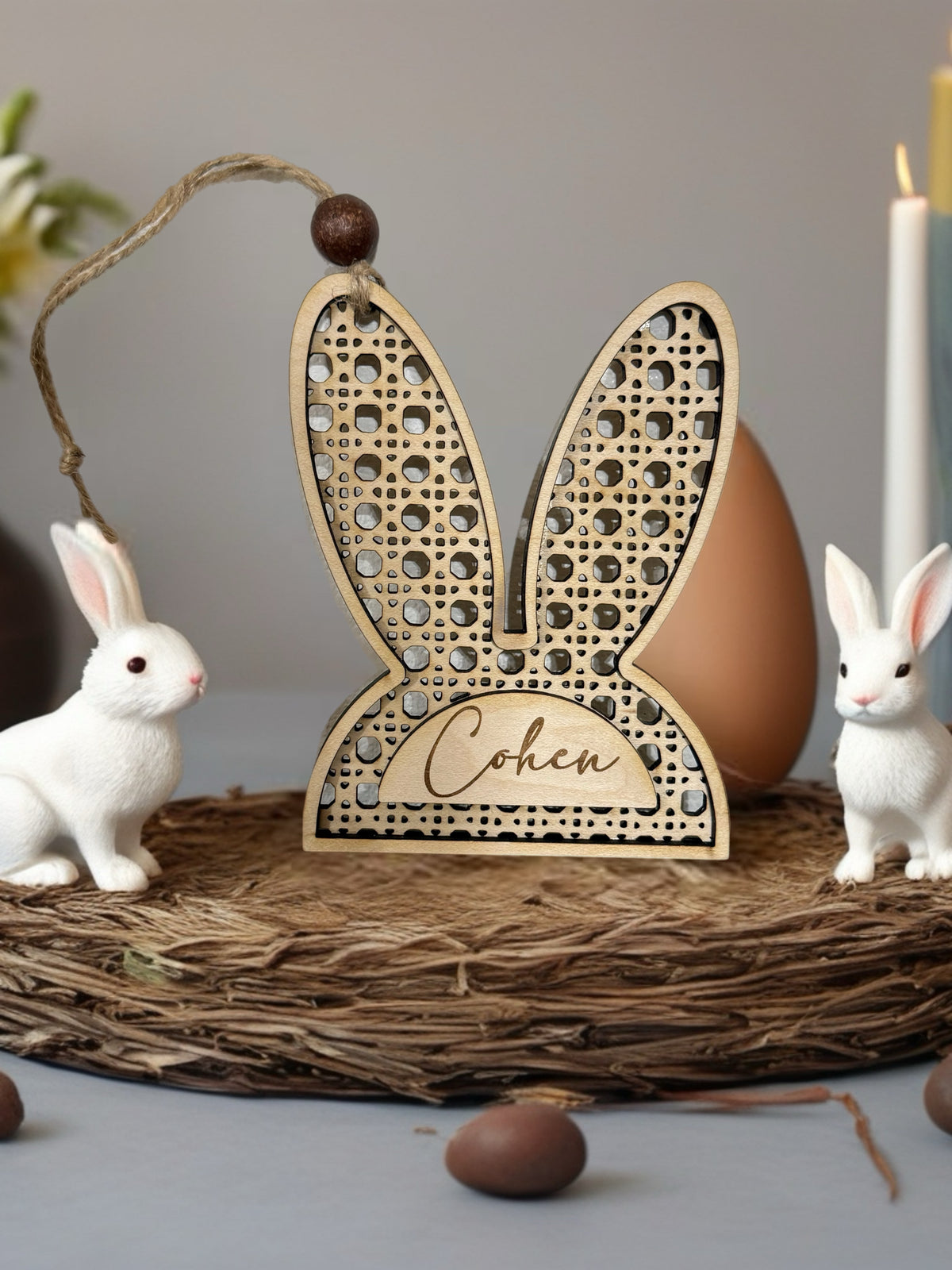 Rattan Easter bunny ears name tag, boho Easter tag, personalized, Easter basket