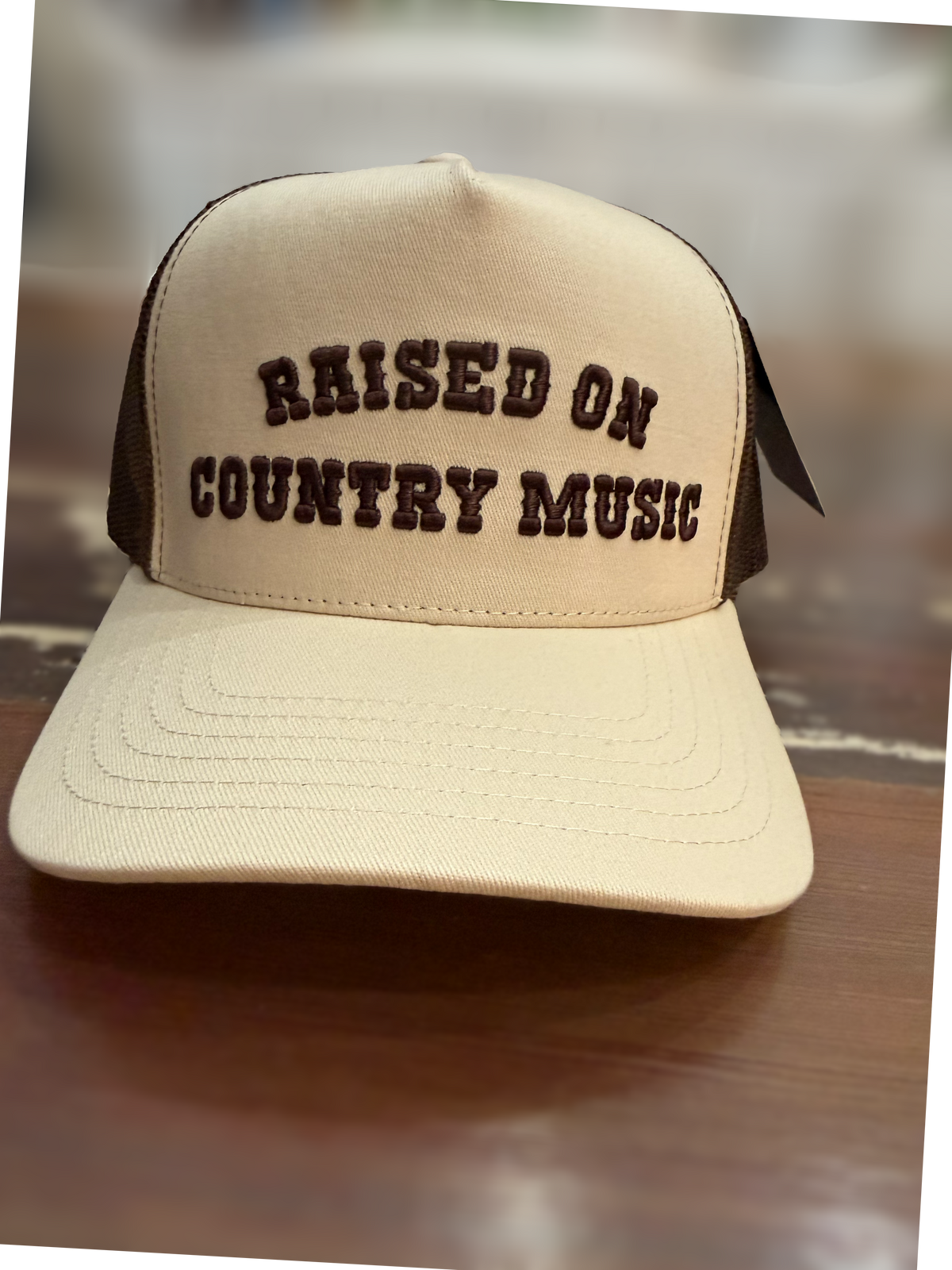 Raised On Country Music, CC Brand canvas hat mesh back brown