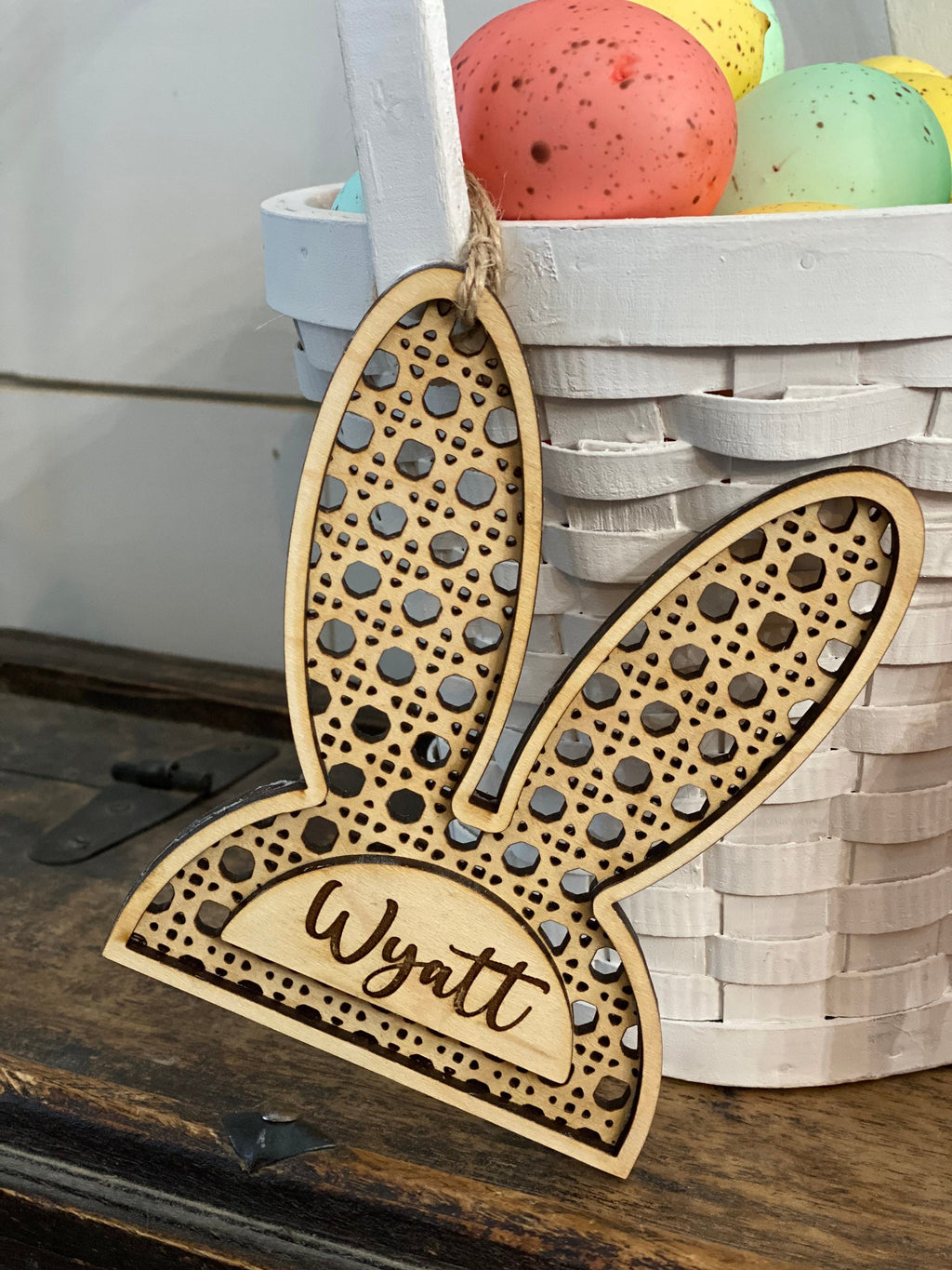 Rattan Easter bunny ears name tag, boho Easter tag, personalized, Easter basket