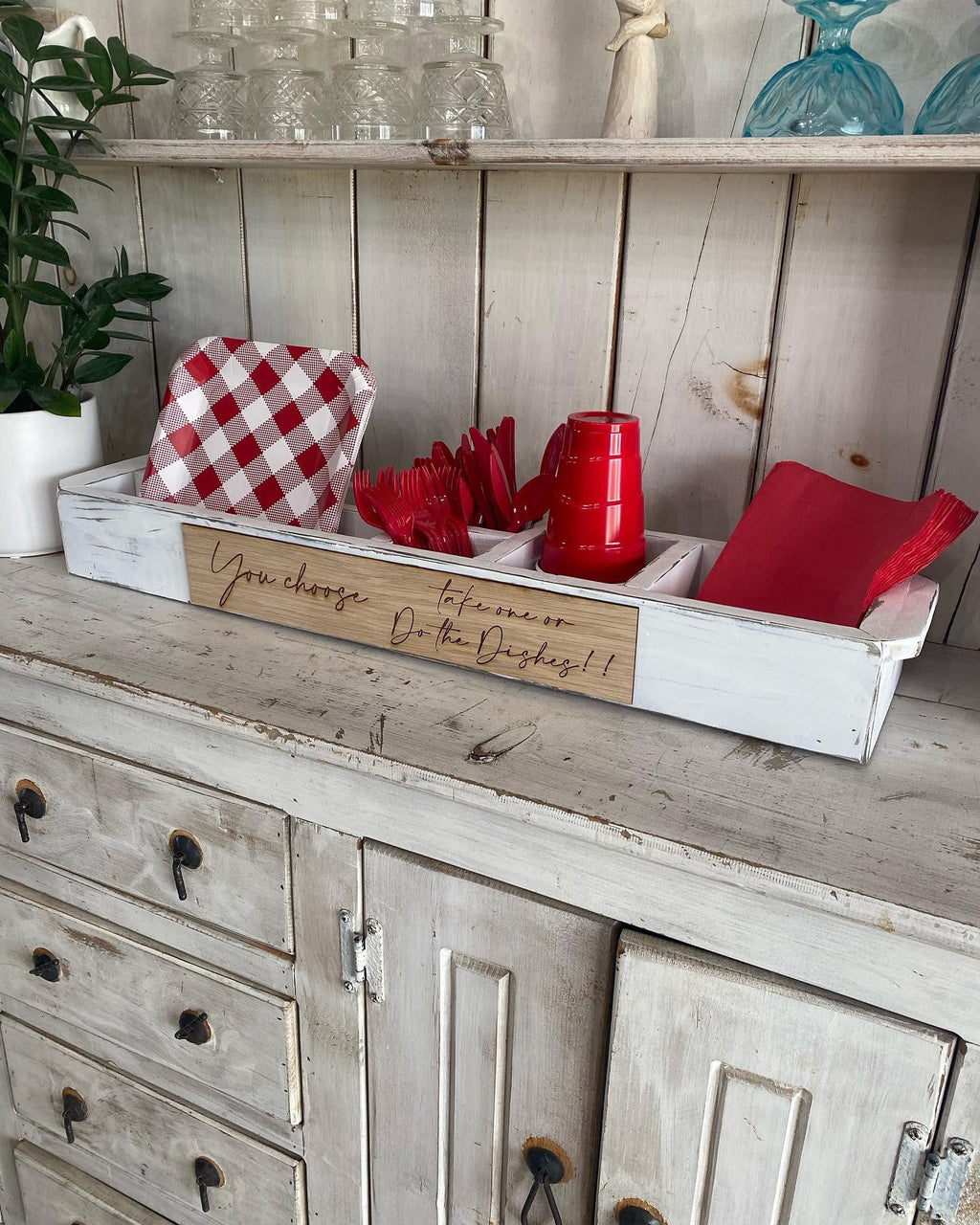 Kitchen Caddy, Party Utensil Caddy, Plate, Solo Cup and Utensil Holder , BBQ Organizer, Wood Storage Box, Gift Ideas