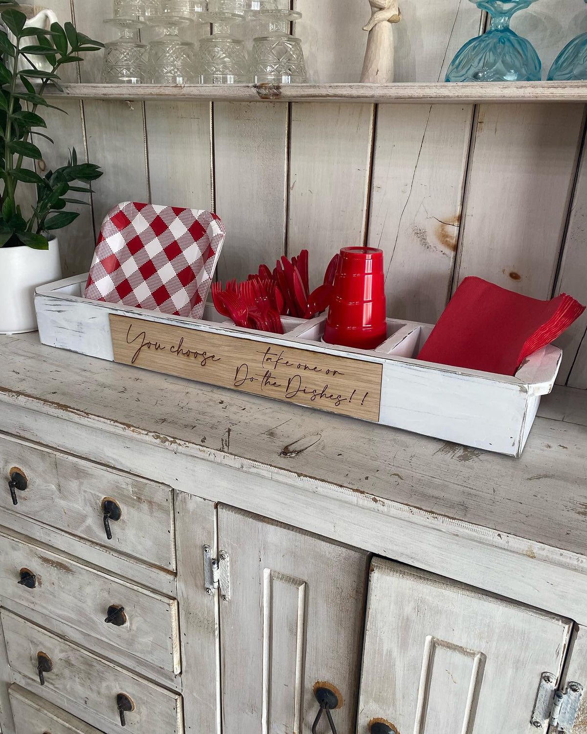 Kitchen Caddy, Party Utensil Caddy, Plate, Solo Cup and Utensil Holder , BBQ Organizer, Wood Storage Box, Gift Ideas