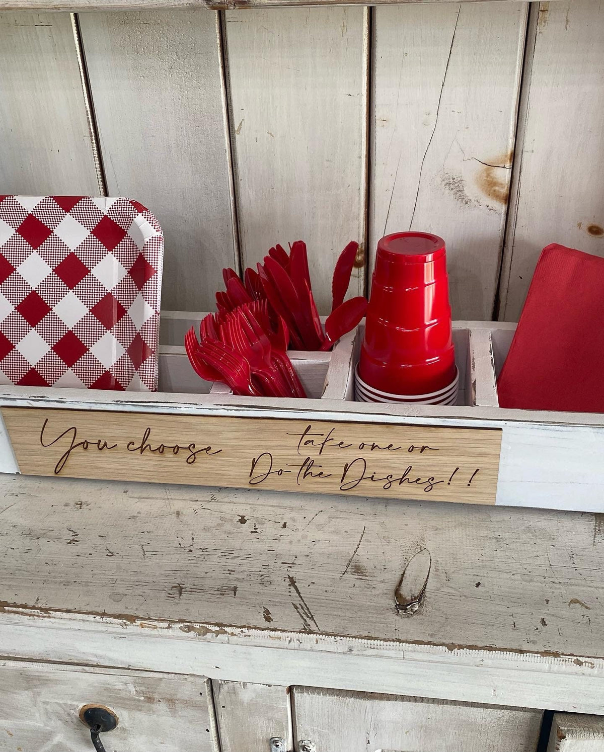 Kitchen Caddy, Party Utensil Caddy, Plate, Solo Cup and Utensil Holder , BBQ Organizer, Wood Storage Box, Gift Ideas