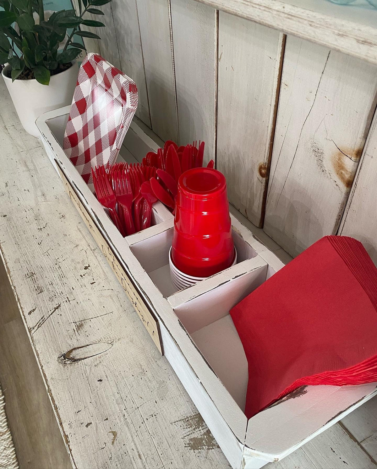 Kitchen Caddy, Party Utensil Caddy, Plate, Solo Cup and Utensil Holder , BBQ Organizer, Wood Storage Box, Gift Ideas